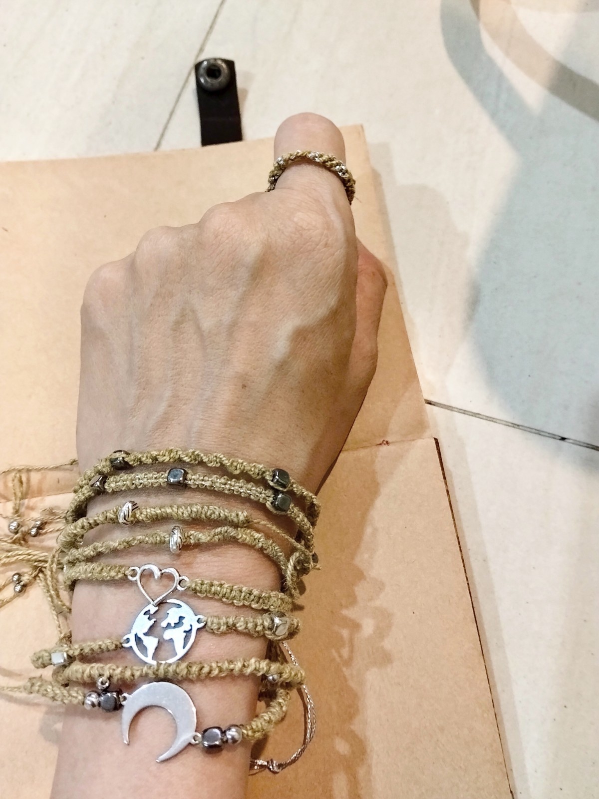 Adjustable Hemp Bracelet with Natural Cubic Sign with Silver Line- Boho Style