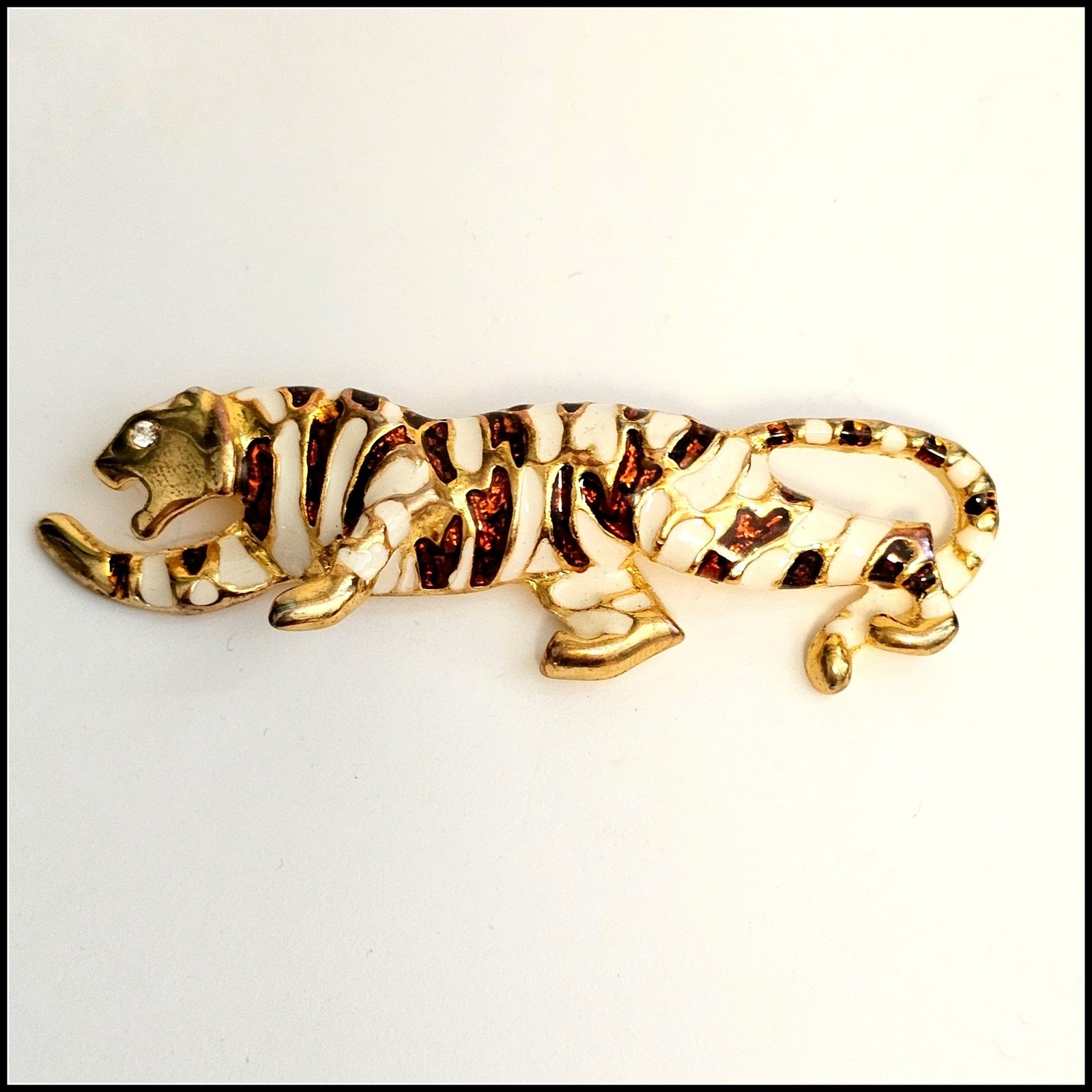 Vintage Gold Tone Enameled Panther White Brown Shimmer Brooch Pin