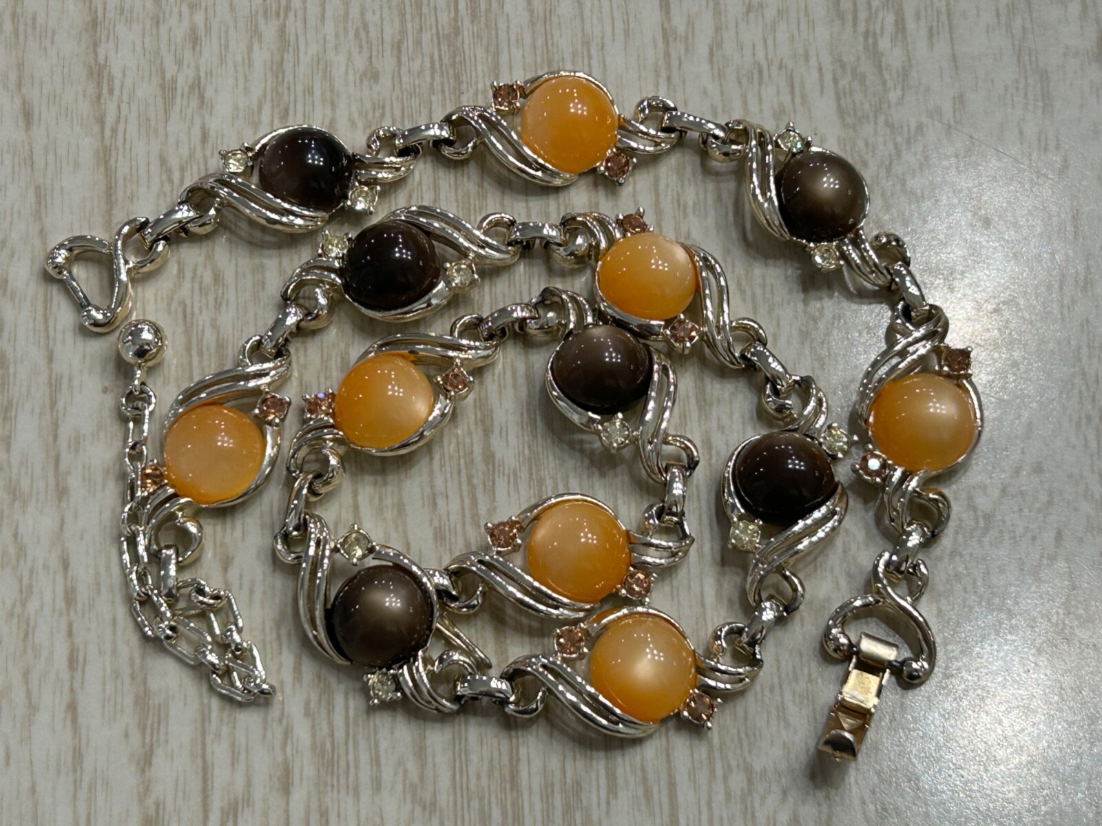 Vintage Peach Brown Moonglow Thermoset Lucite Rhinestone Necklace & Bracelet Set