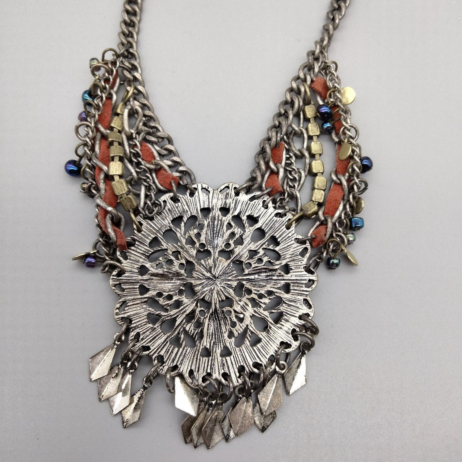 Boho Chic Western Fringe Faux Leather Adj Necklace 16″ Vintage Designer aeo Y2K