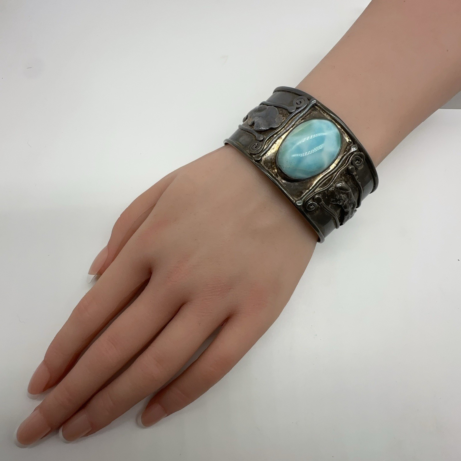 VTG Signed 980 Sterling Silver Larimar Cuff Bracelet 55.1g #bes