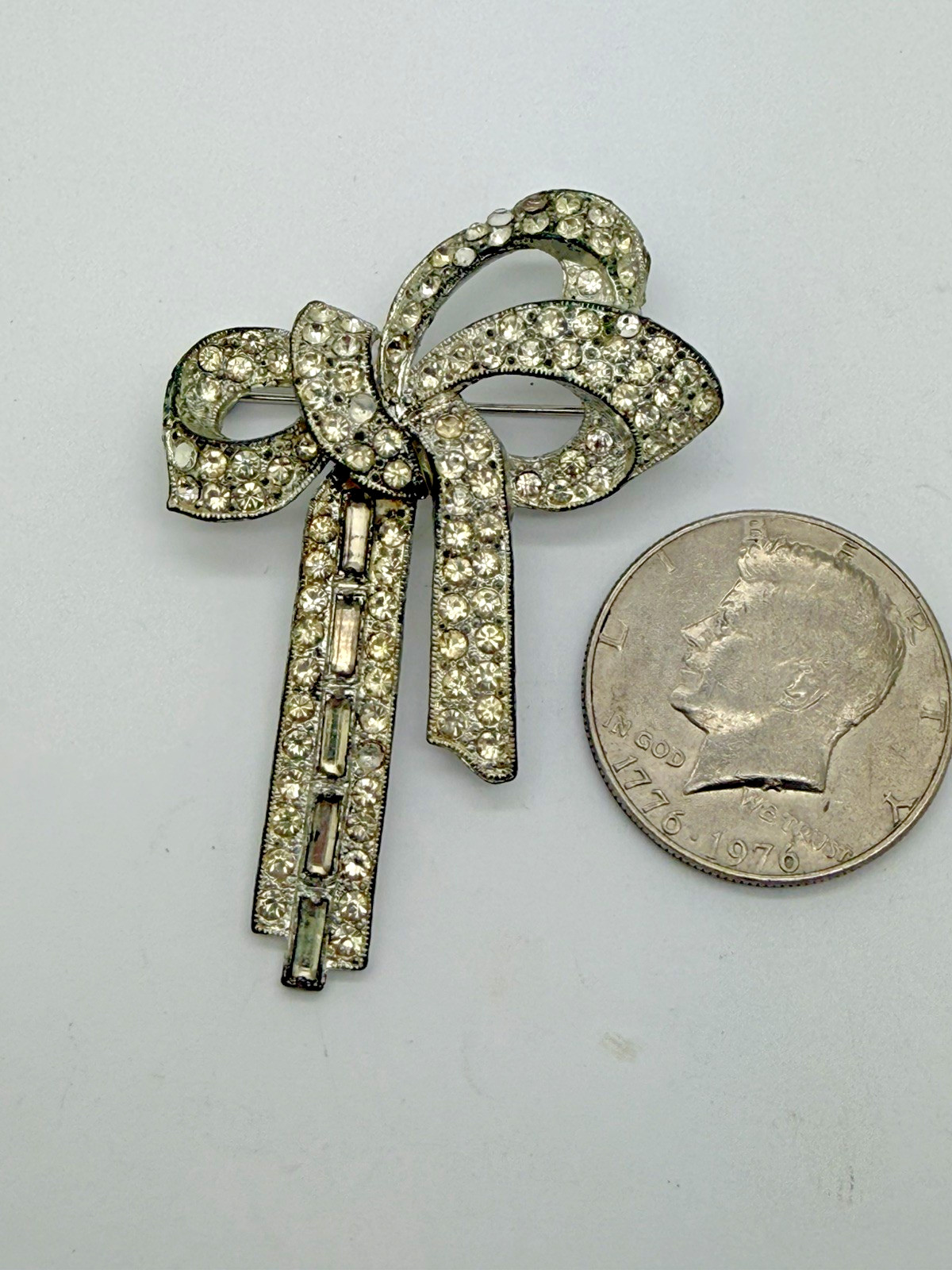 Antique Paste Rhinestone Rhodium Plated Bow Pin Circa 1920S Pre-Art Deco O1