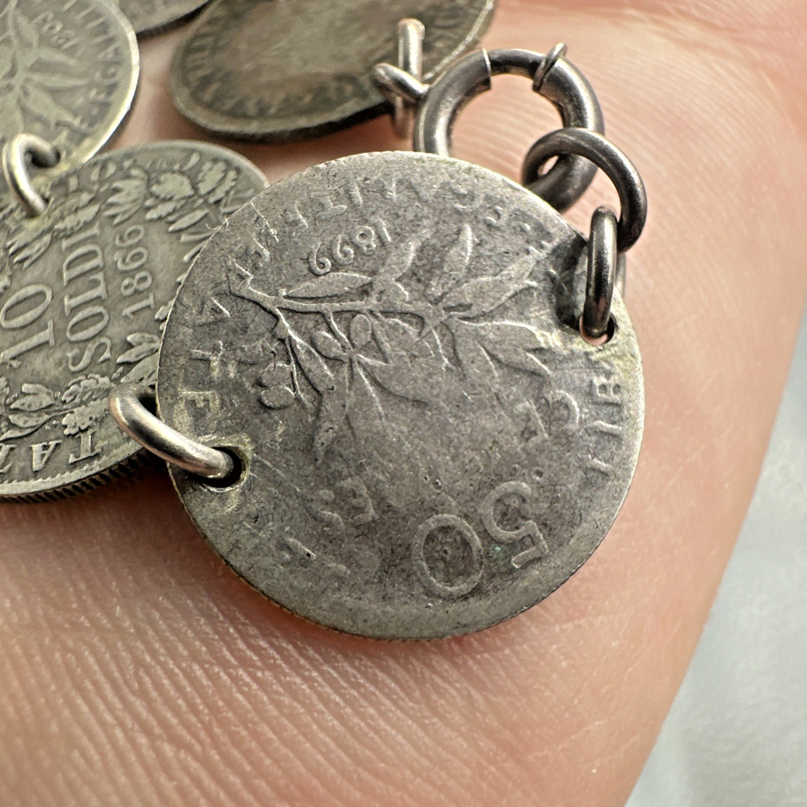Antique Multinational Coin Link Silver Bracelet Years 1853 – 1903 19g Sz 6.25