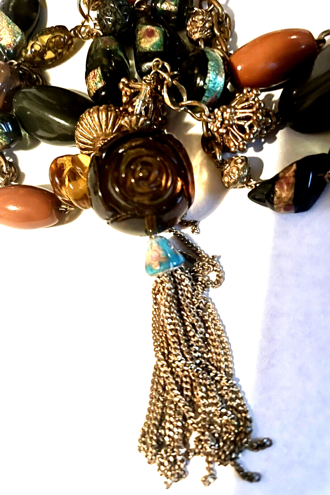 Vintage Molded Plastic Beads Fringe Pendant Chunky Layered 24″ Necklace