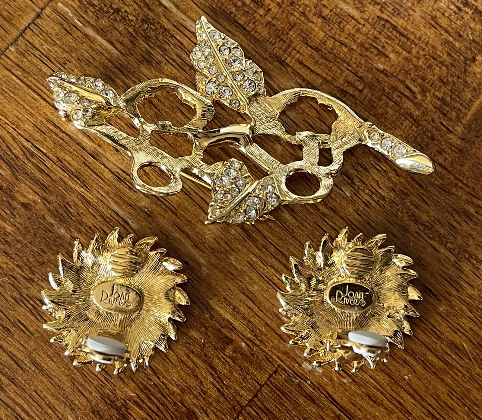 Vtg Joan Rivers Convertible Brooch Clip Earrings Gold Tone Rhinestone Flowers