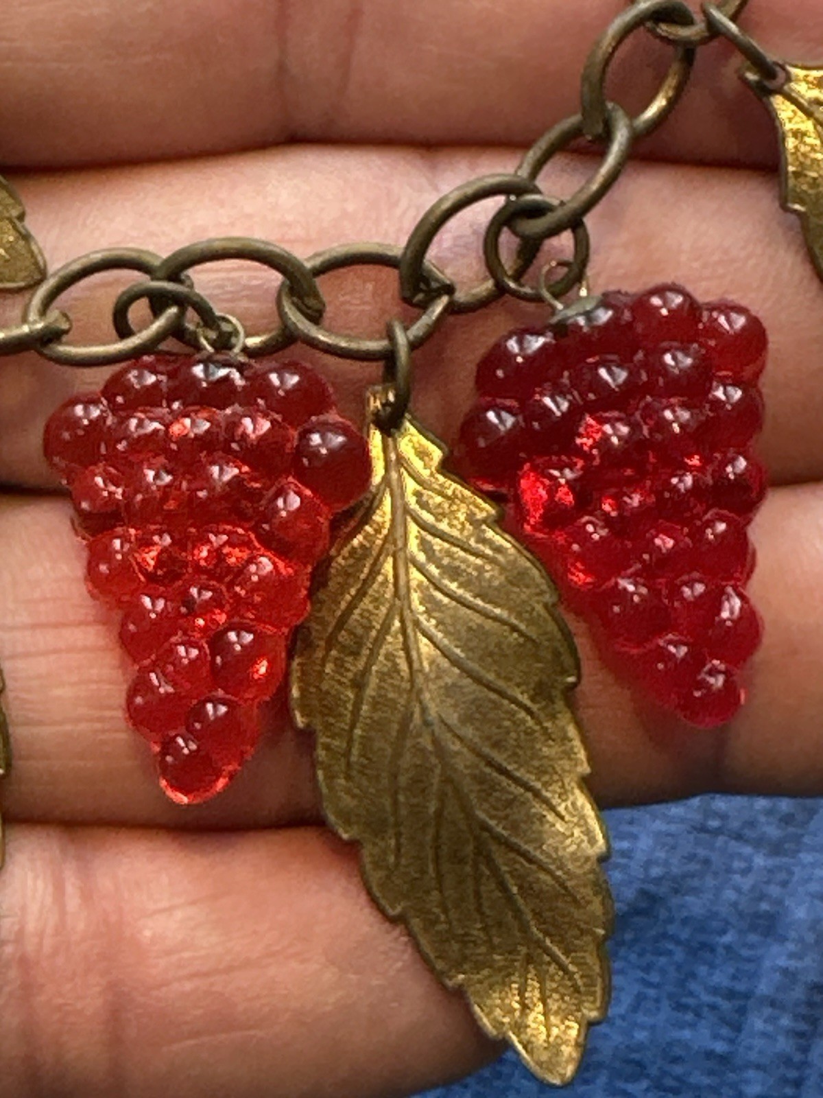 VINTAGE GLASS GRAPE CLUSTERS WITH BRASS BELLS & LEAVES BRACELET COSTUME JEWELERY