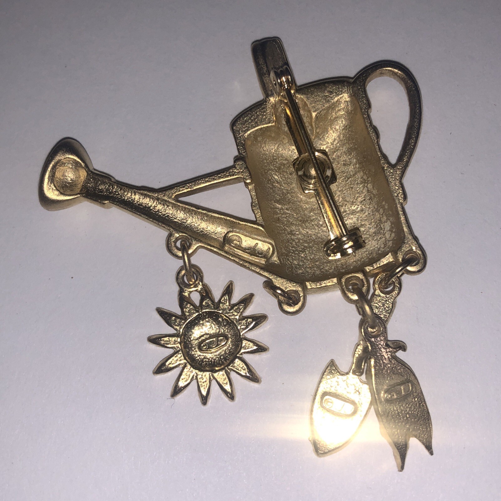 JJ Vintage Watering Can Brooch Pin Sunflower Gardening Tools -1 Missing