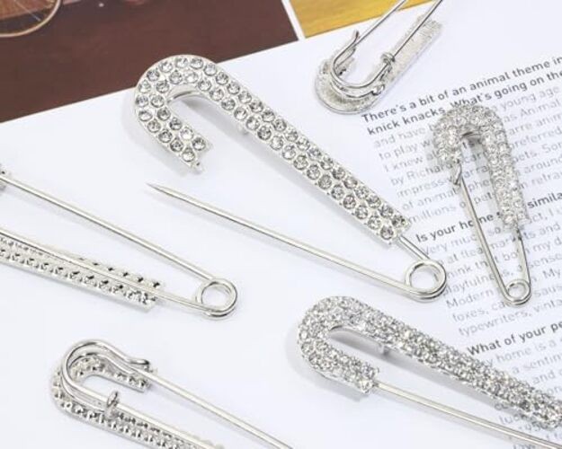 Penta Angel Rhinestone Safety Pins – 6 Pcs Faux Crystal Brooch Clips – Silver