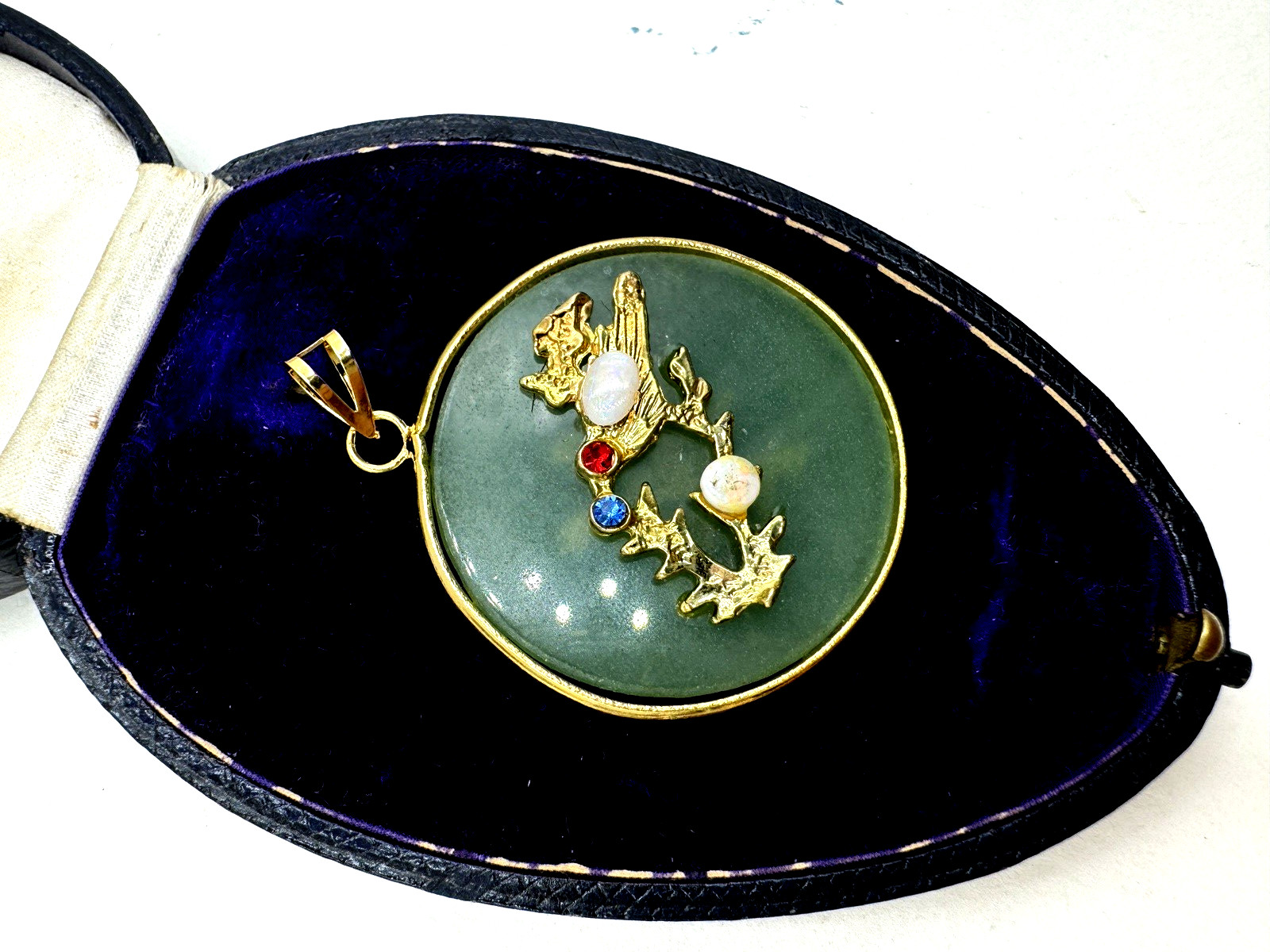 BIRD PENDANT ROUND CHINESE Semi Precious Gemstone NEW OLD VNTG LAPIS AVENTURINE