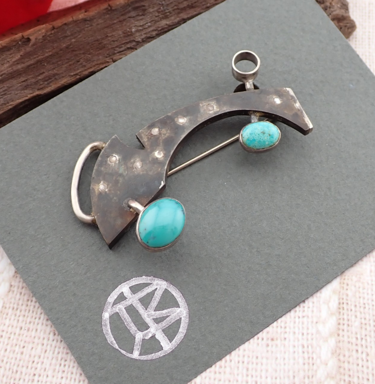 VTG Industrial Grunge Abstract Turquoise Sterling Mixed Metal Pin Pendant by MR