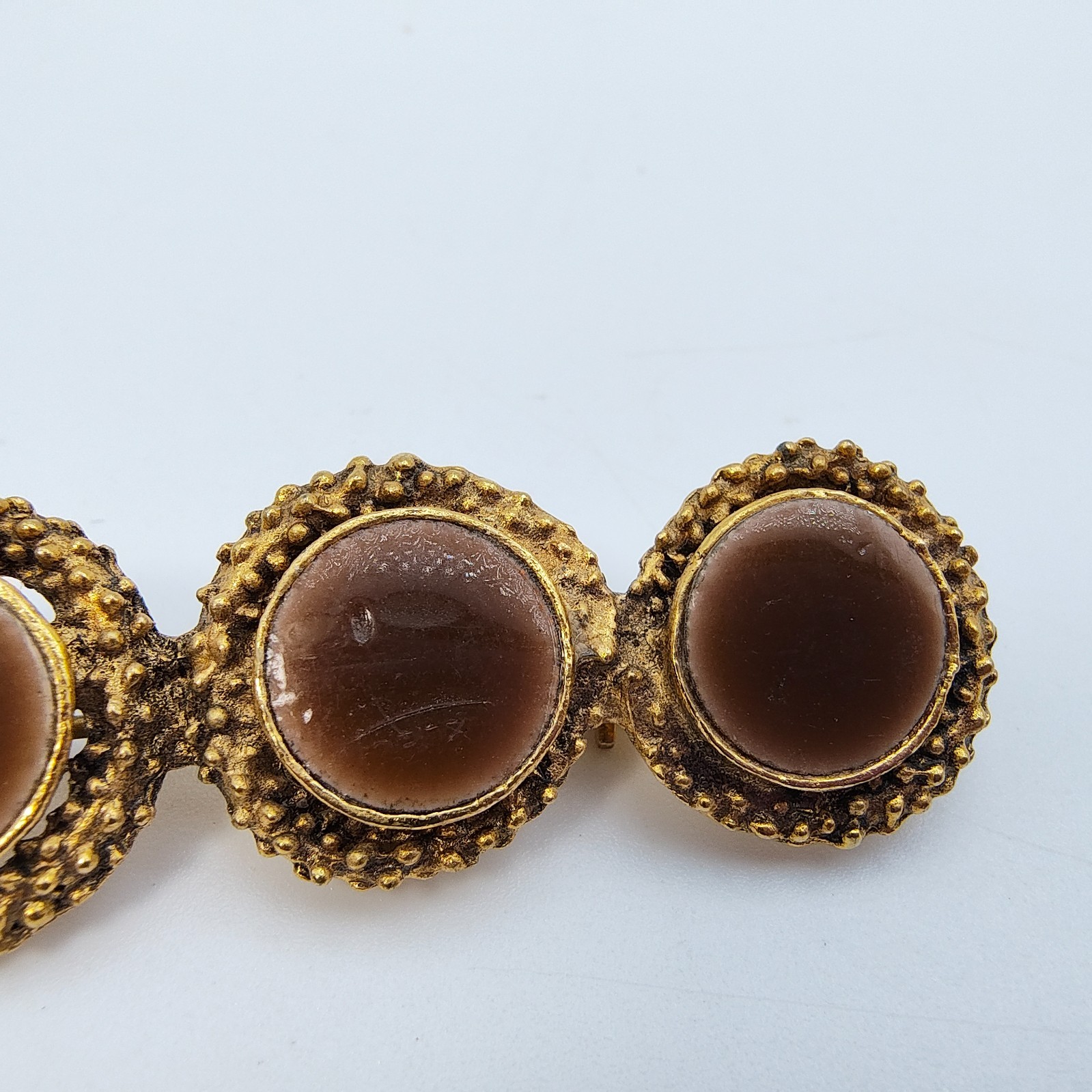 Vintage Byzantine Style Bar Brooch Gold Tone Brown Victorian Revival Style