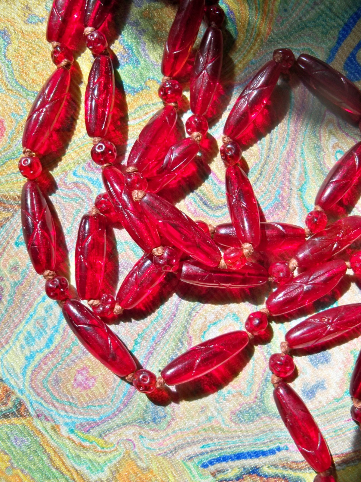 50″ NECKLACE ANTIQUE flapper ART DECO CZECH cranberry ruby red GLASS BEAD
