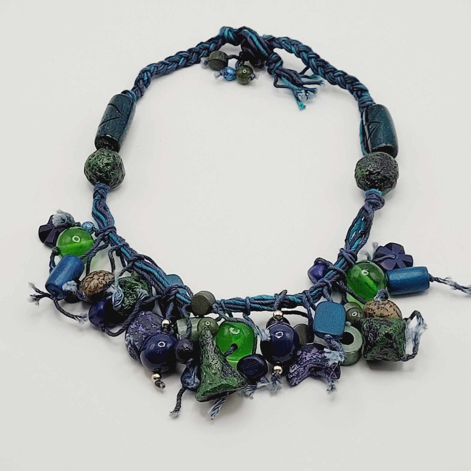 Eclectic Artsy Artisan Braided Cotton Mixed Material Beaded Vintage Necklace