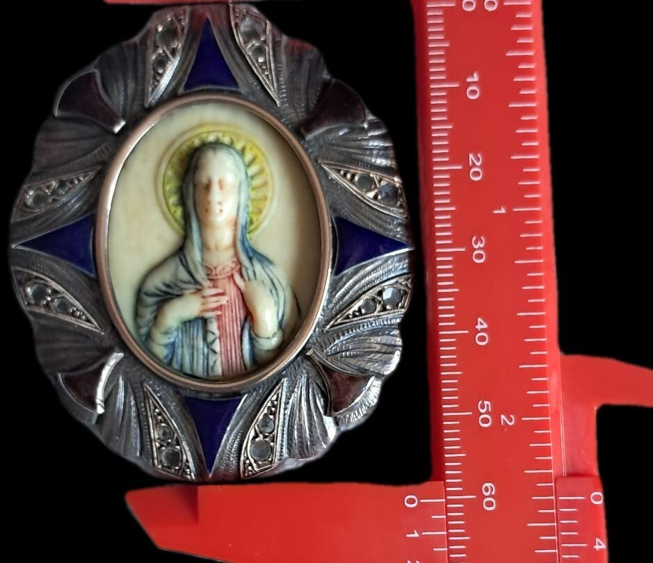Fine Antique Art Nouveau Silver Gold Enamel Virgin Mary Madonna Pendant Ca 1900