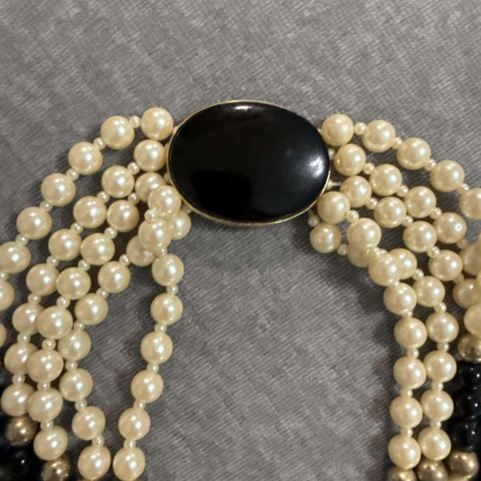 VTY Gay Boyer Faux Pearl Onyx Multi Strand Beaded Bib Statement Necklace Classic
