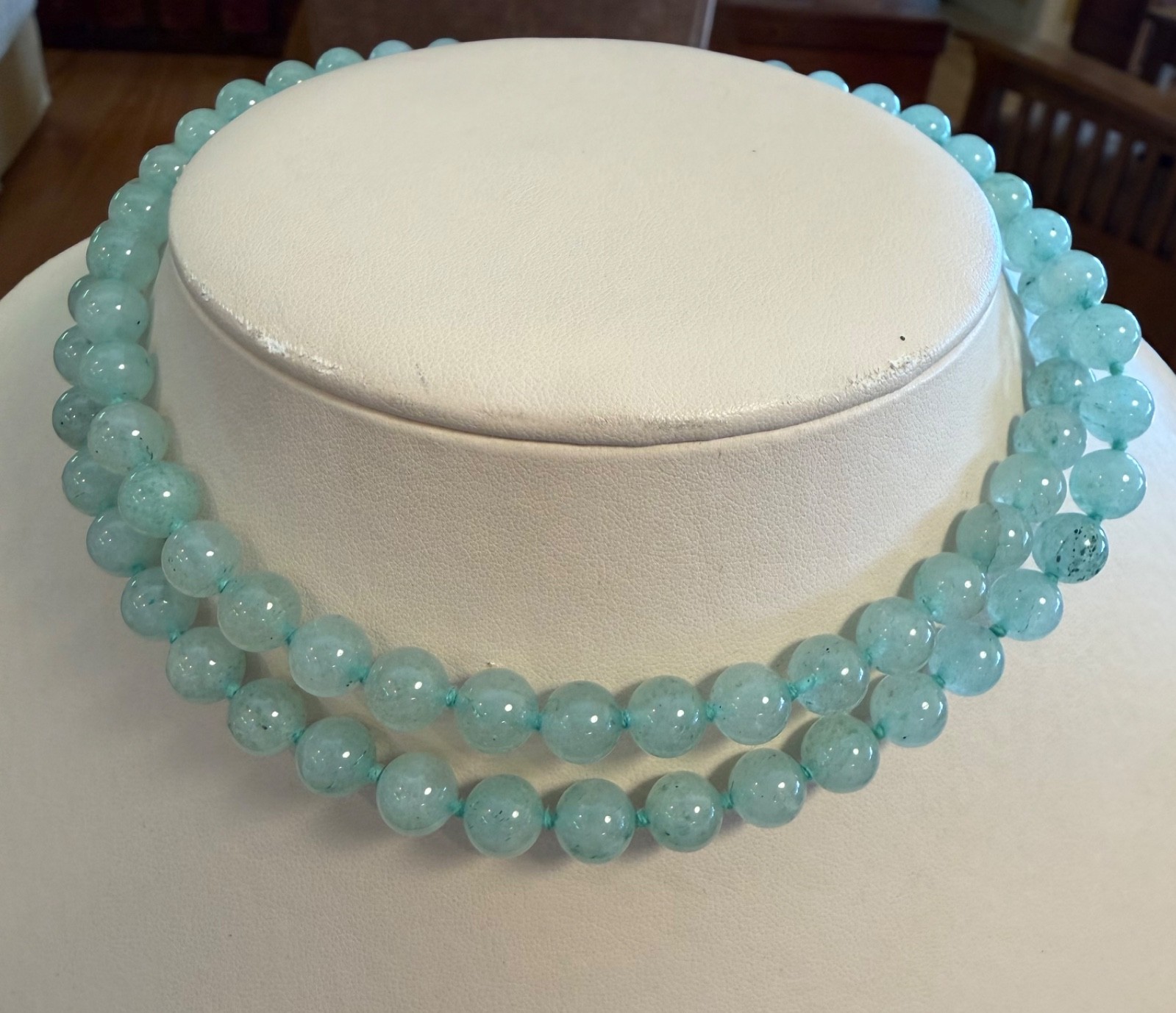 Amazing Translucent Pale Green Continuous 30″ Jadite Bead Necklace Hand Knotted