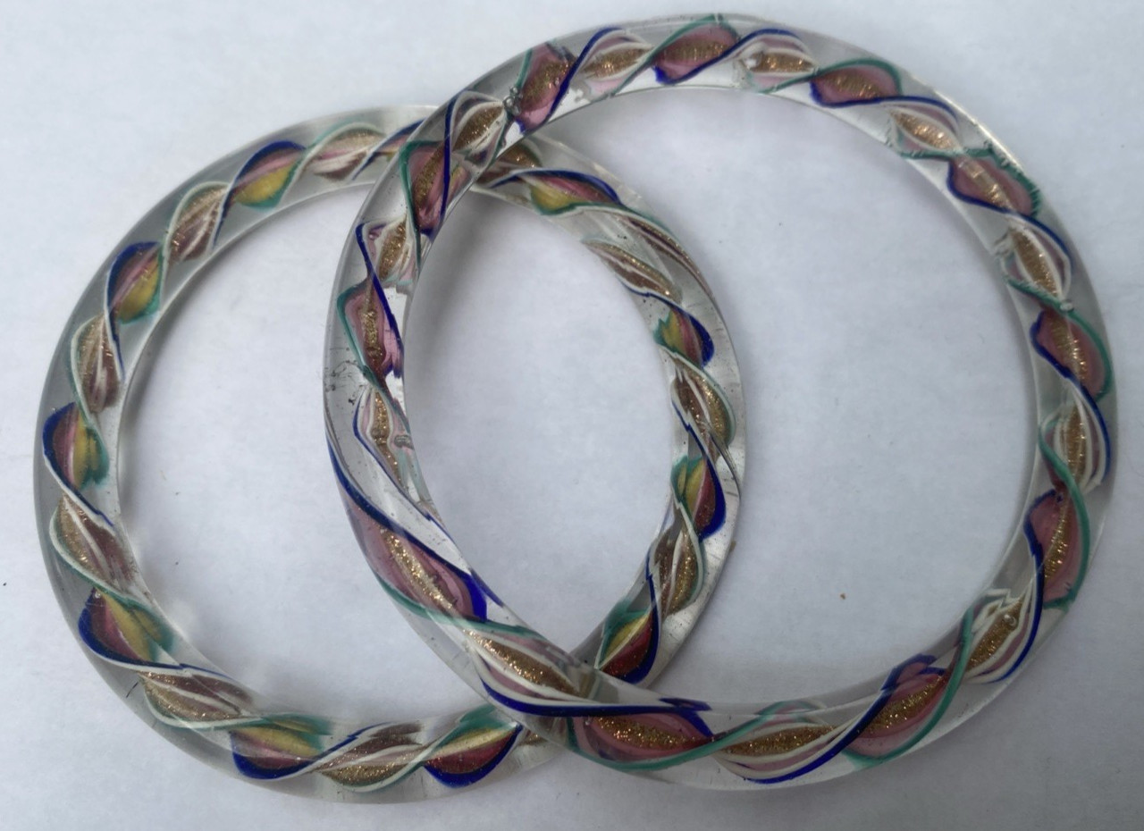 Vintage Murano Art Glass Rainbow Swirl Ribbon Bangle Bracelet Pair Small and Med
