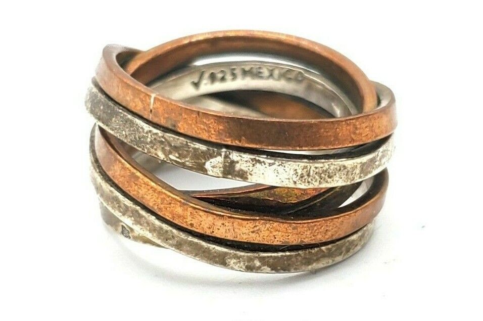 Vtg Signed Mexico Checkmark Artisan Sterling Silver Copper Mixed Metal Ring