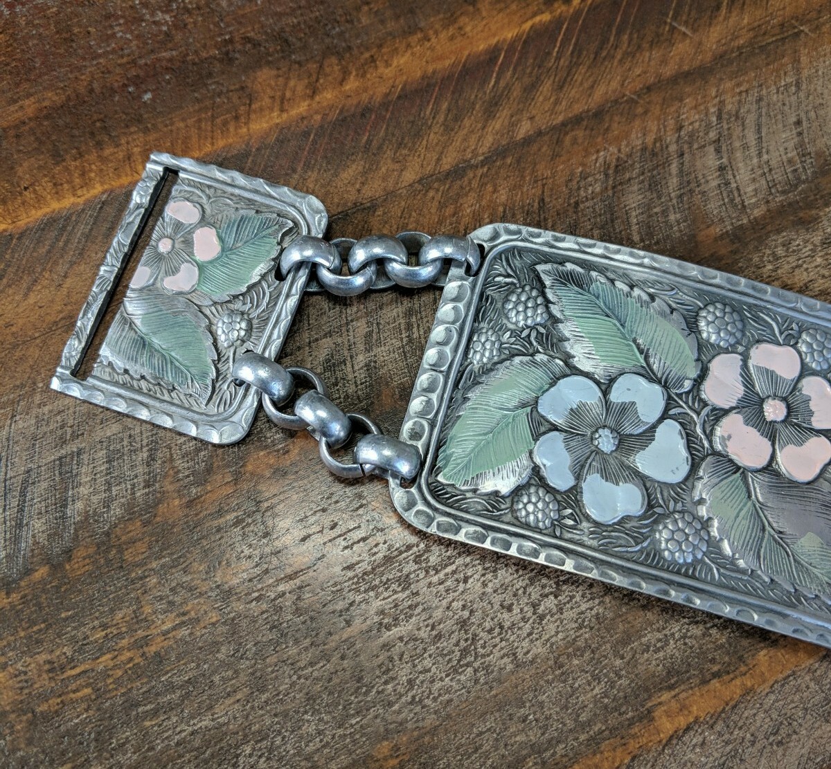 1940s Hammered Aluminum Arts&Crafts Belt Extension? Dogwood Raspberries Enamaled