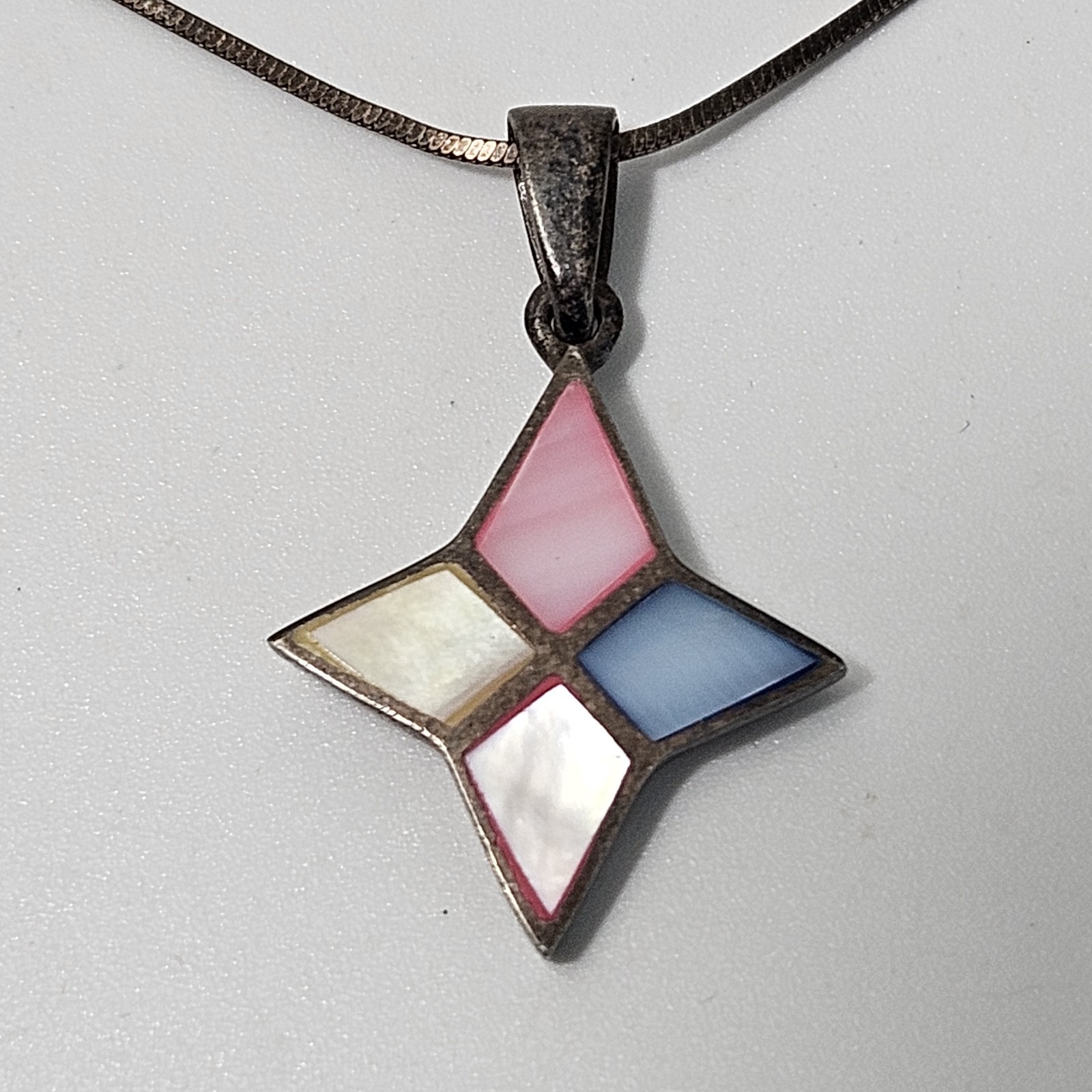 Vintage Sterling Silver Multi-Color Mother of Pearl Pendant Pastel Mosaic 19″