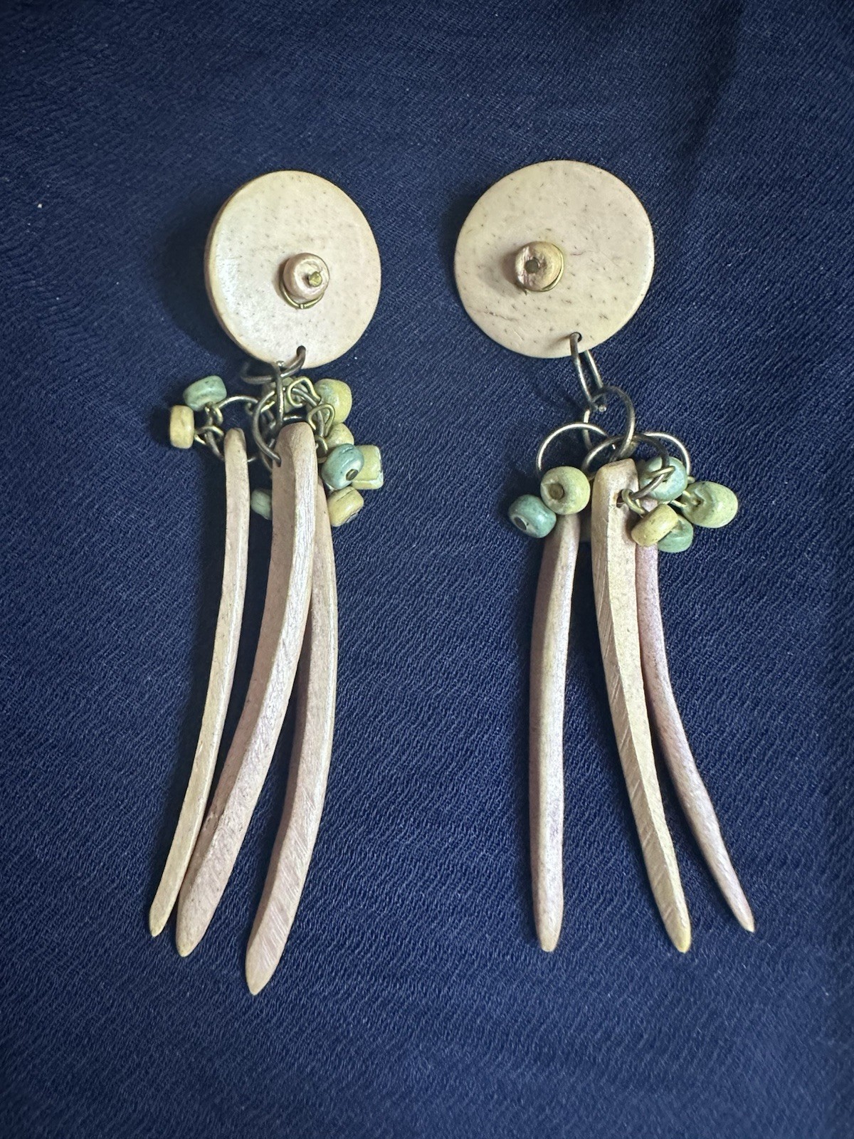 Vintage wood pierced earrings, brown, cream, green with gold tone metal. 3in