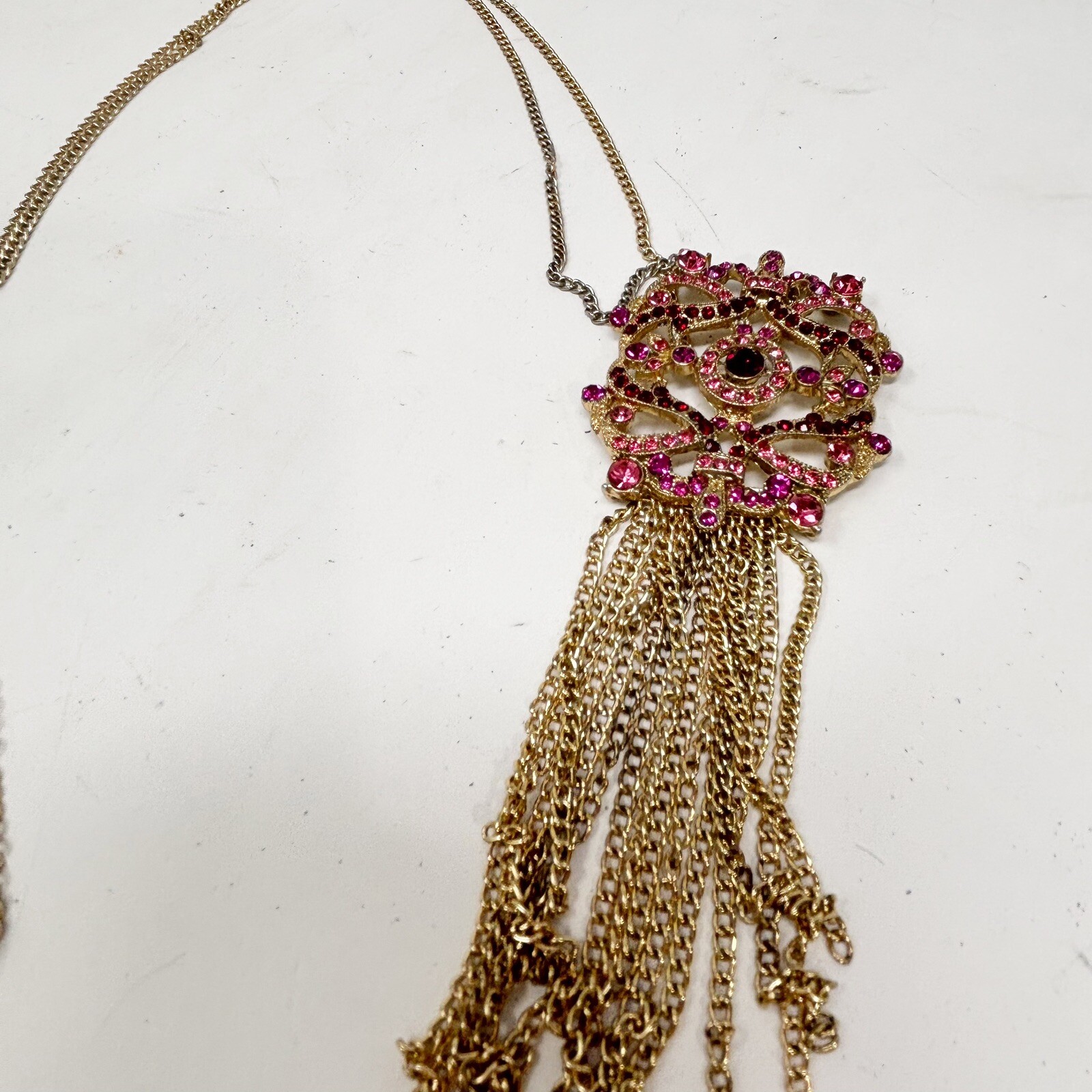 Round Entwined Pink Red Stone Filigree Necklace With Fringe Detail Up To 24”
