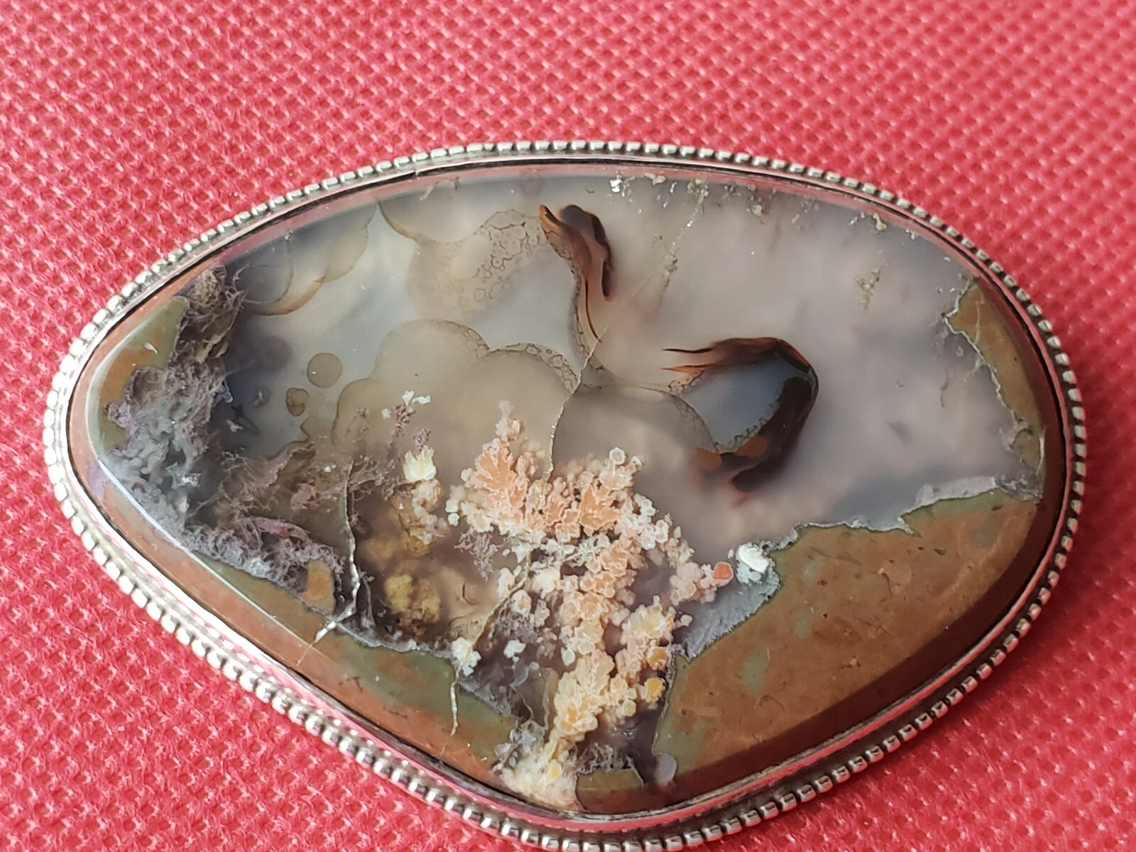 Large Vintage Sterling Silver Solid Moss Agate Brooch Pin or Pendant- 50.1 Grams