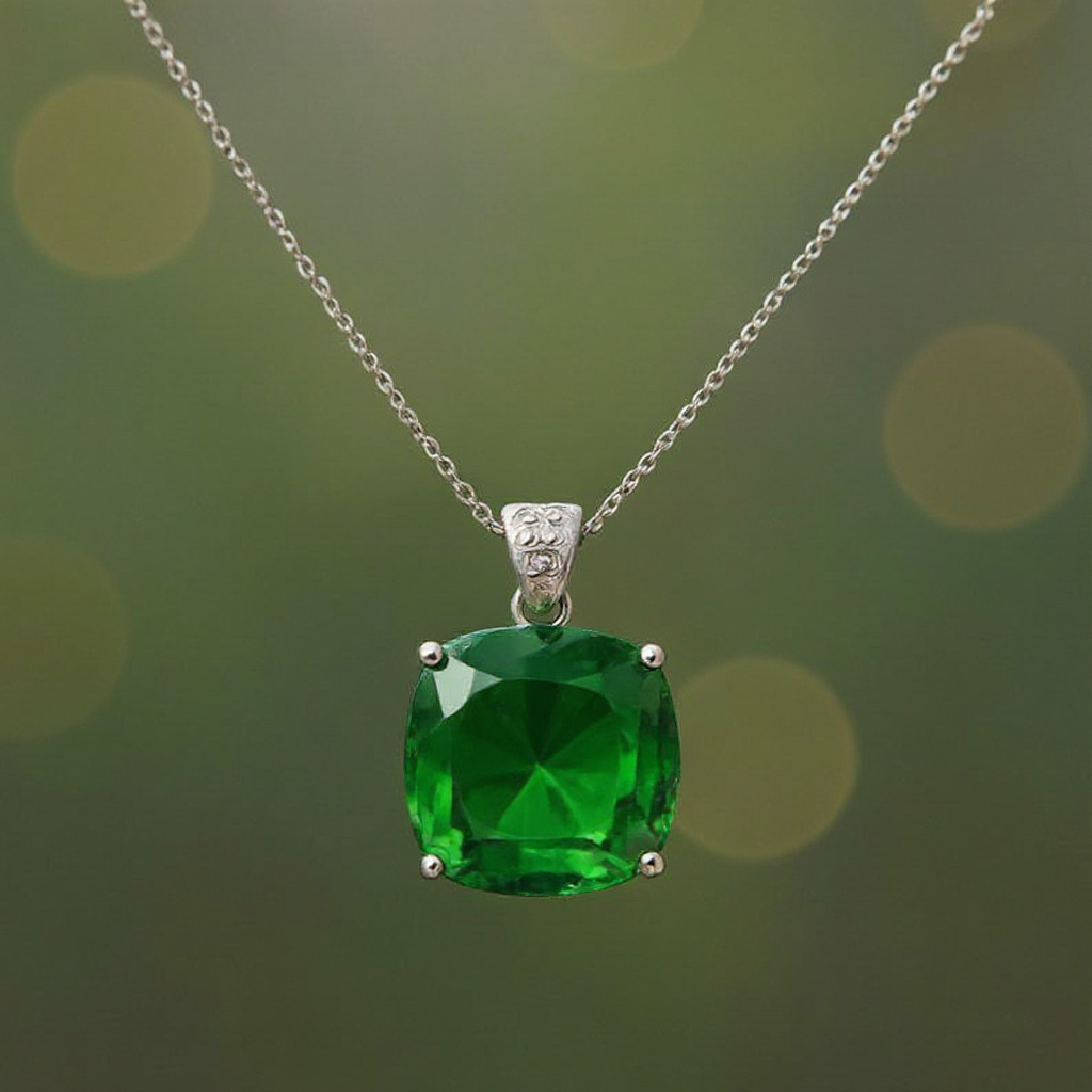 Handmade Green Emerald Cushion Cut Pendant Necklace: Love & Abundance
