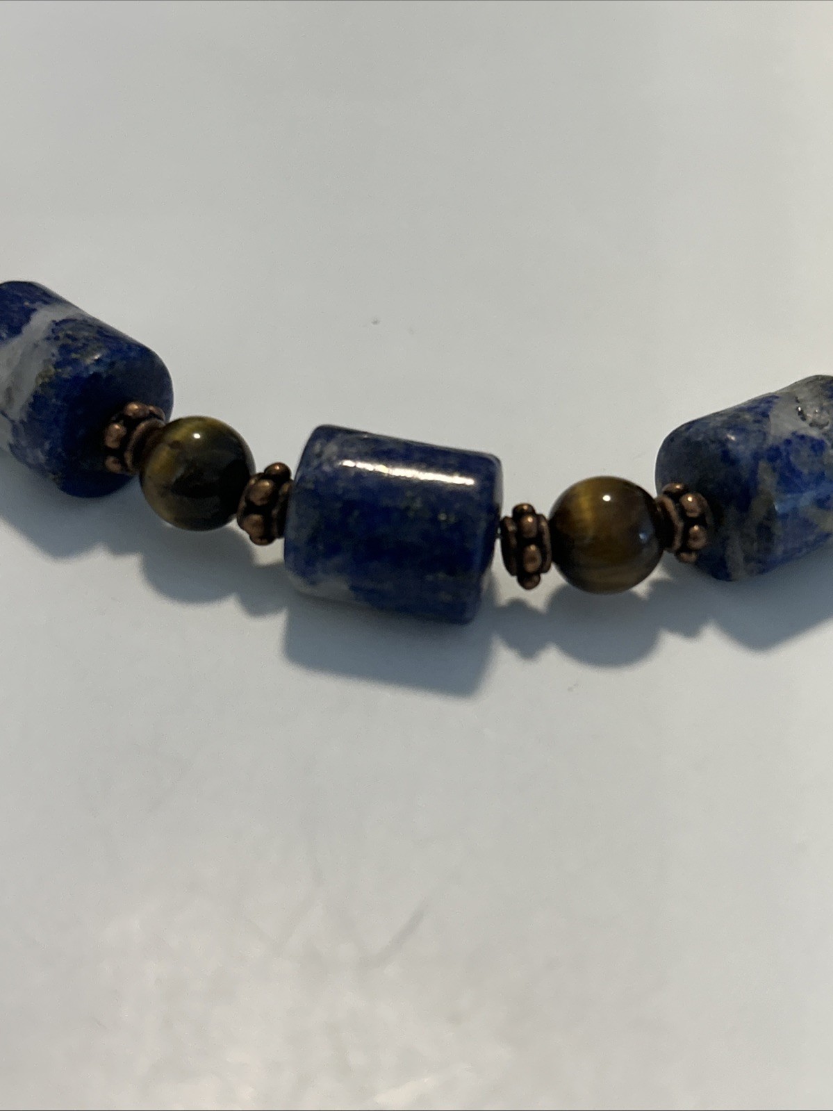 Lapis Lazuli & Tigers Eye Gems Necklace 20” Pierced Earrings 1 3/4” By 1/4”