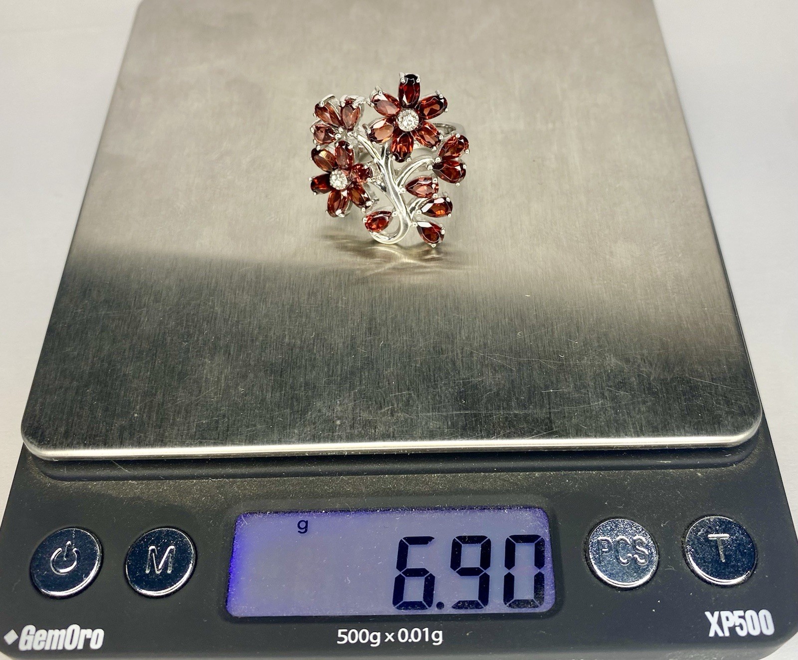 Vintage 925 Sterling Silver Natural Garnet Flower Floral Cluster Statement Ring
