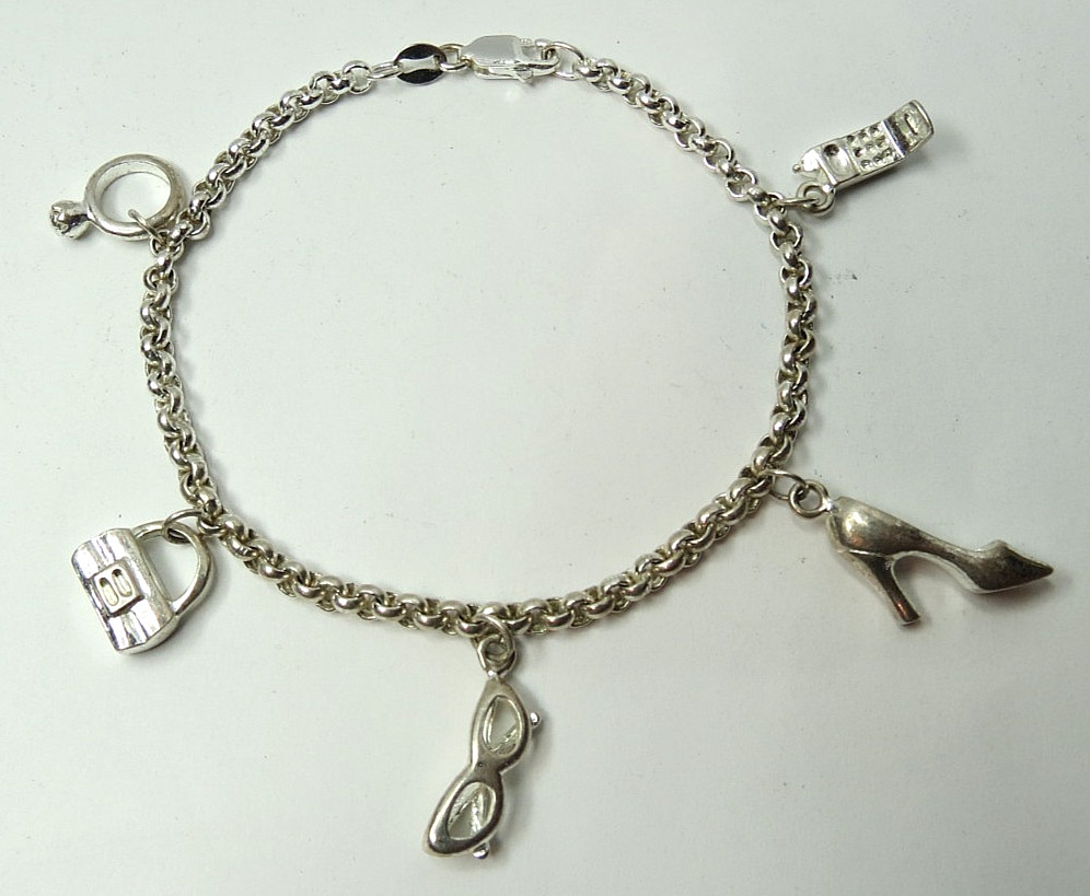 VTG 925 STERLING SILVER PURCE GLASSES PHONE RING SHOE CHAIN CHARM BRACELET 13gr
