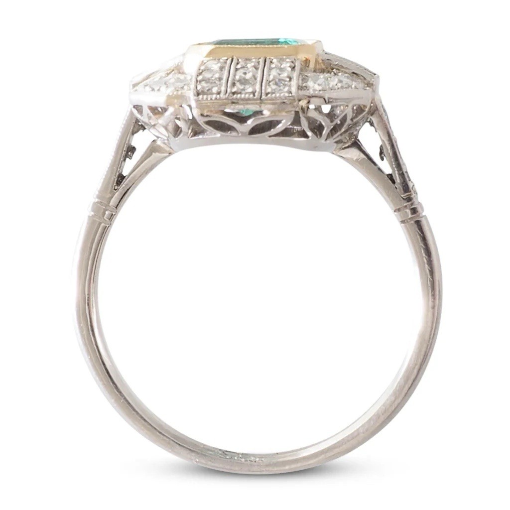 Art Deco 1.31 Ct Emerald Diamond & Baguette Vintage Statement Ring in 935 Silver
