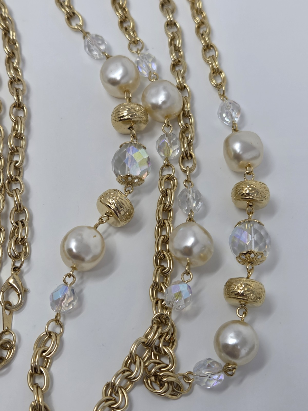 Gold Tone AB Crystal & Faux Pearl Chain Necklace 60 Inches Long Vintage