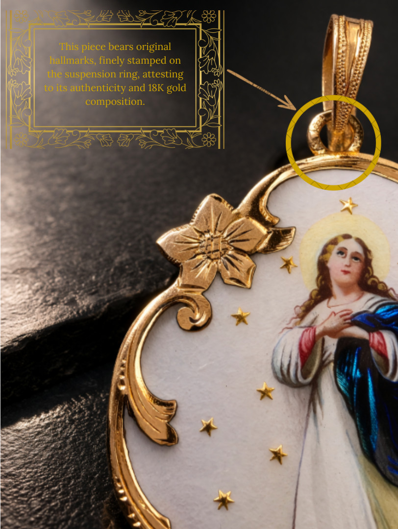Antique 18K Gold Enamel Virgin Mary Pendant – 19th Century Religious Medal Rare