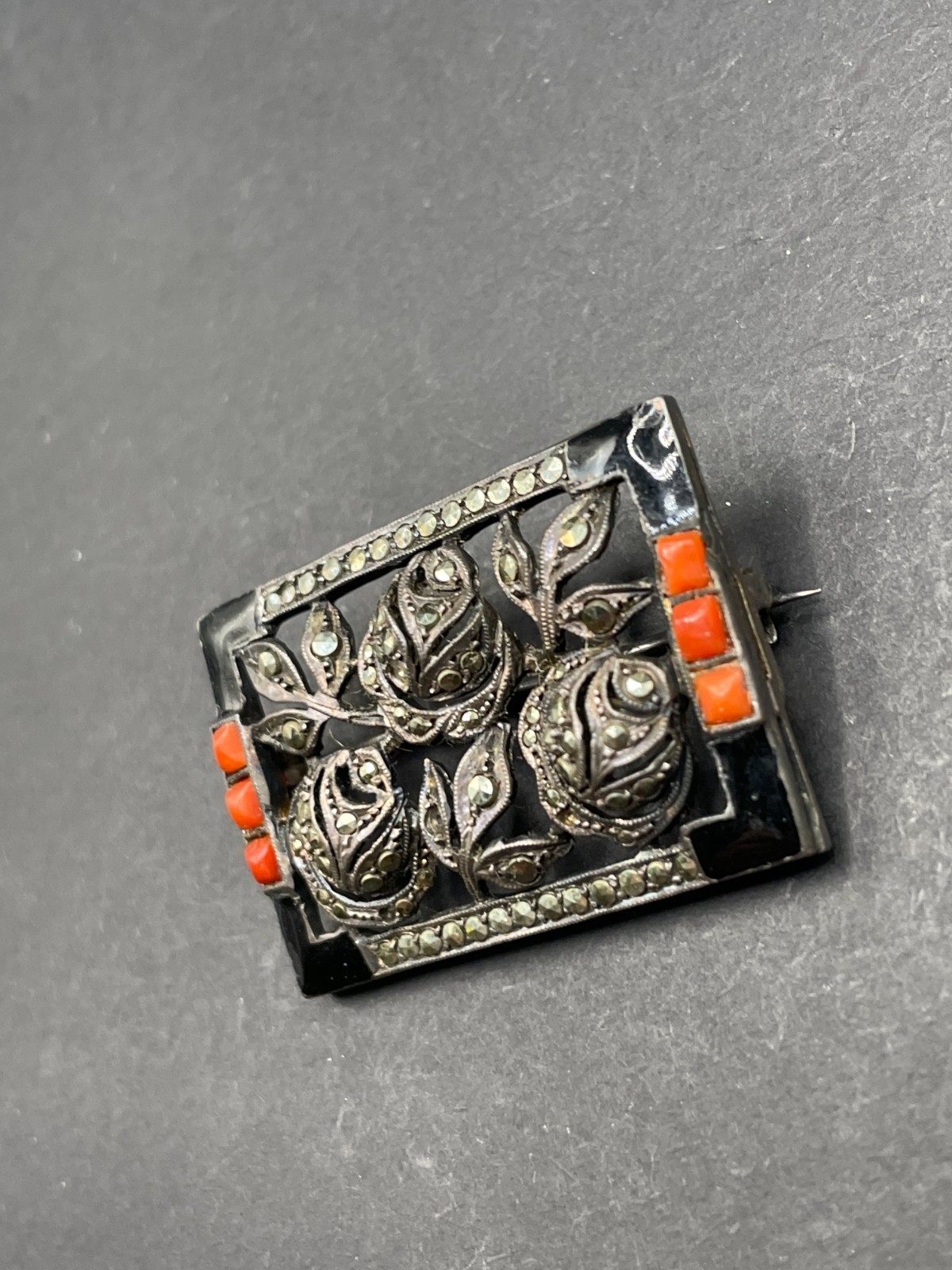 Vintage Floral Sterling Onyx & Coral Brooch/Pin