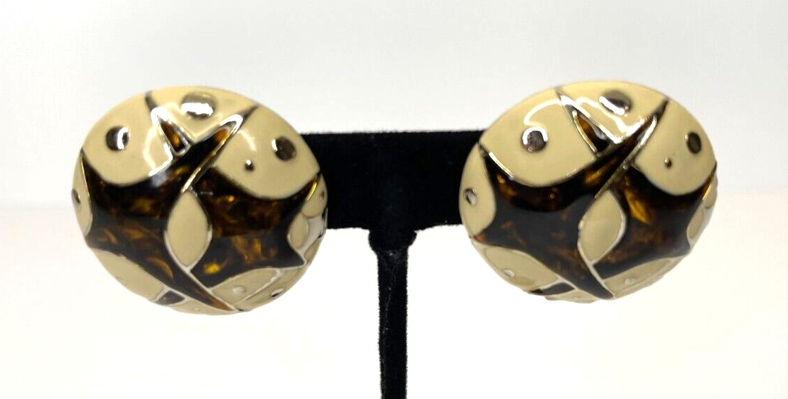 VINTAGE ORENA PARIS EARRINGS Gold Tone & Enamel Stardust Retro Pattern CLIP ONS