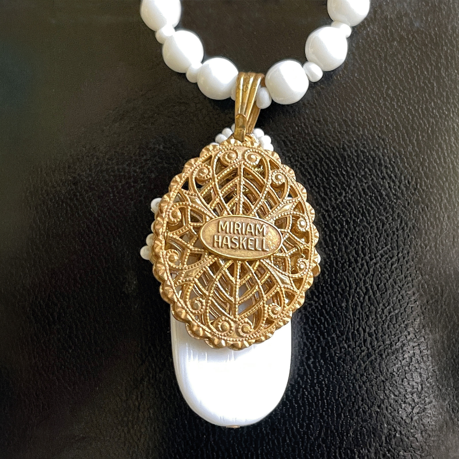 Vintage Mariam Haskell Milk Glass Bead Neck Signed Clasp / Pendant 20”