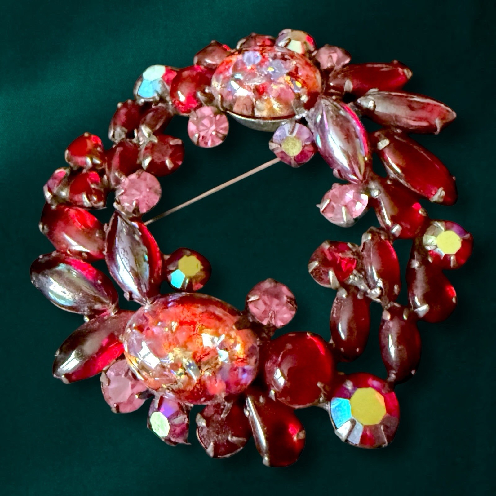 Red Rhinestone Brooch Large Art Glass Confetti Cabochon Vintage 3 Inch