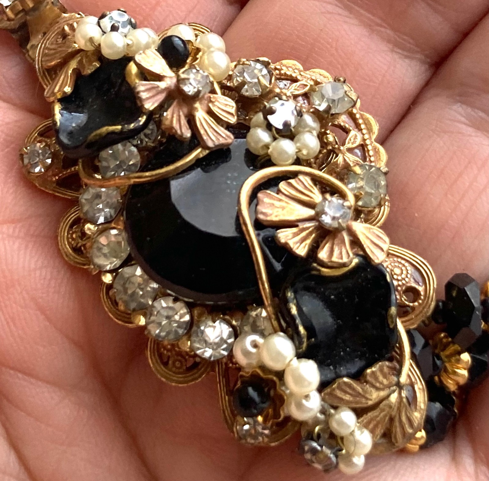 Vtg Unsigned Demario / Haskell 3 Strand Jet Black Glass Bracelet w Cluster Clasp