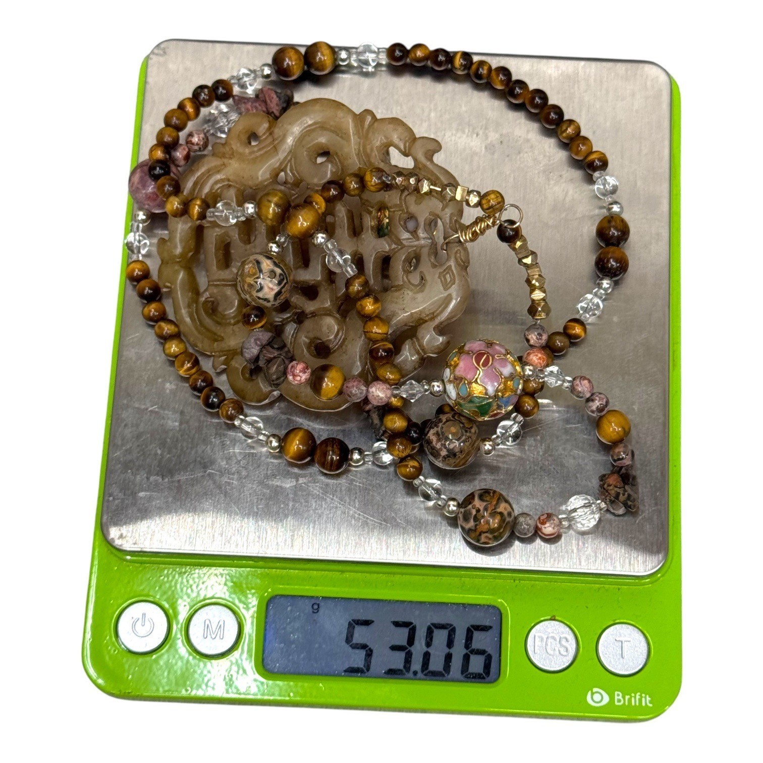 Vintage Large Carved Jade Pendant Necklace Tiger Eye Agate & Cloisonne Beads 26″