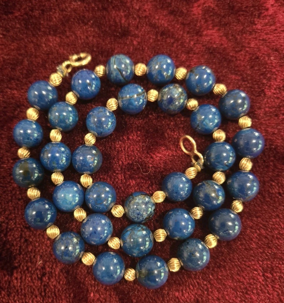 Vintage Lapis Lazuli + Gold Bead Necklace, 14k Clasp, 18″, 44g, Lovely Speckles!