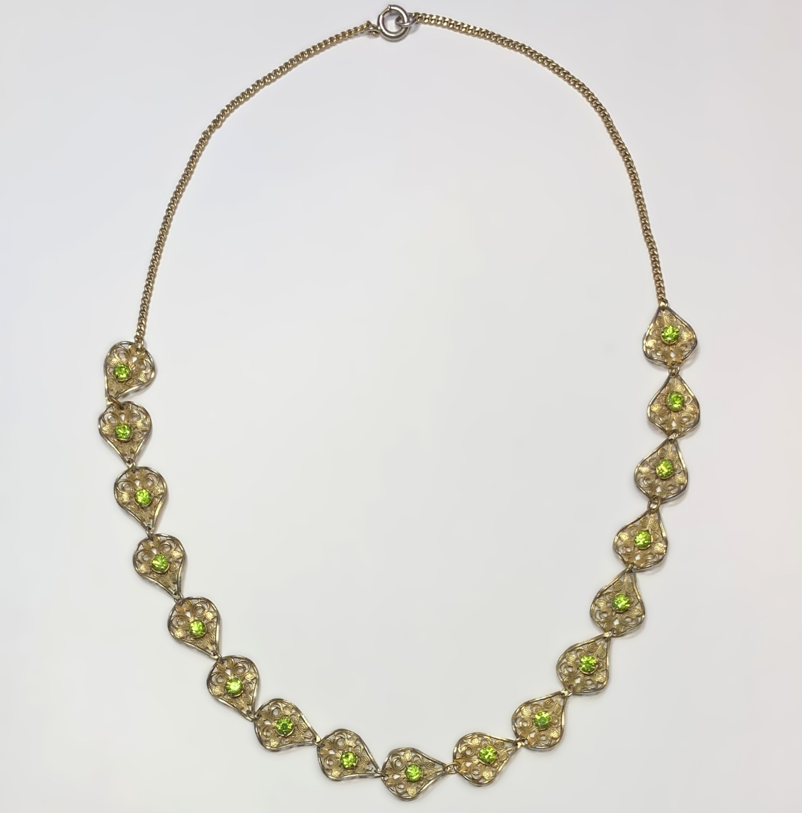 Vintage Gold Tone Necklace Filigree Petals With Lime Green Rhinestones 22”
