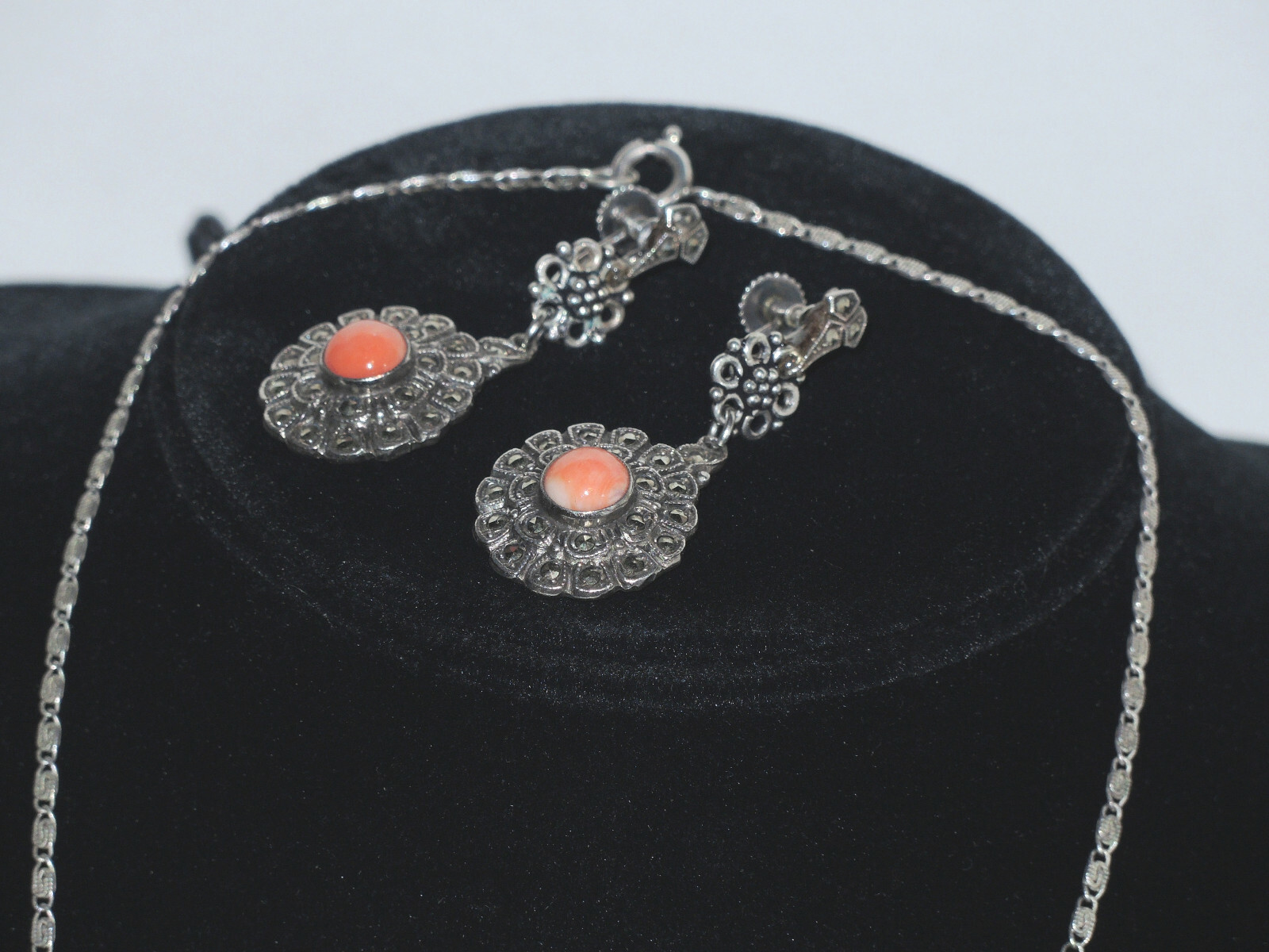 Art Deco Set Sterling Silver Germany Pendant & Earrings with Coral & Marcasites
