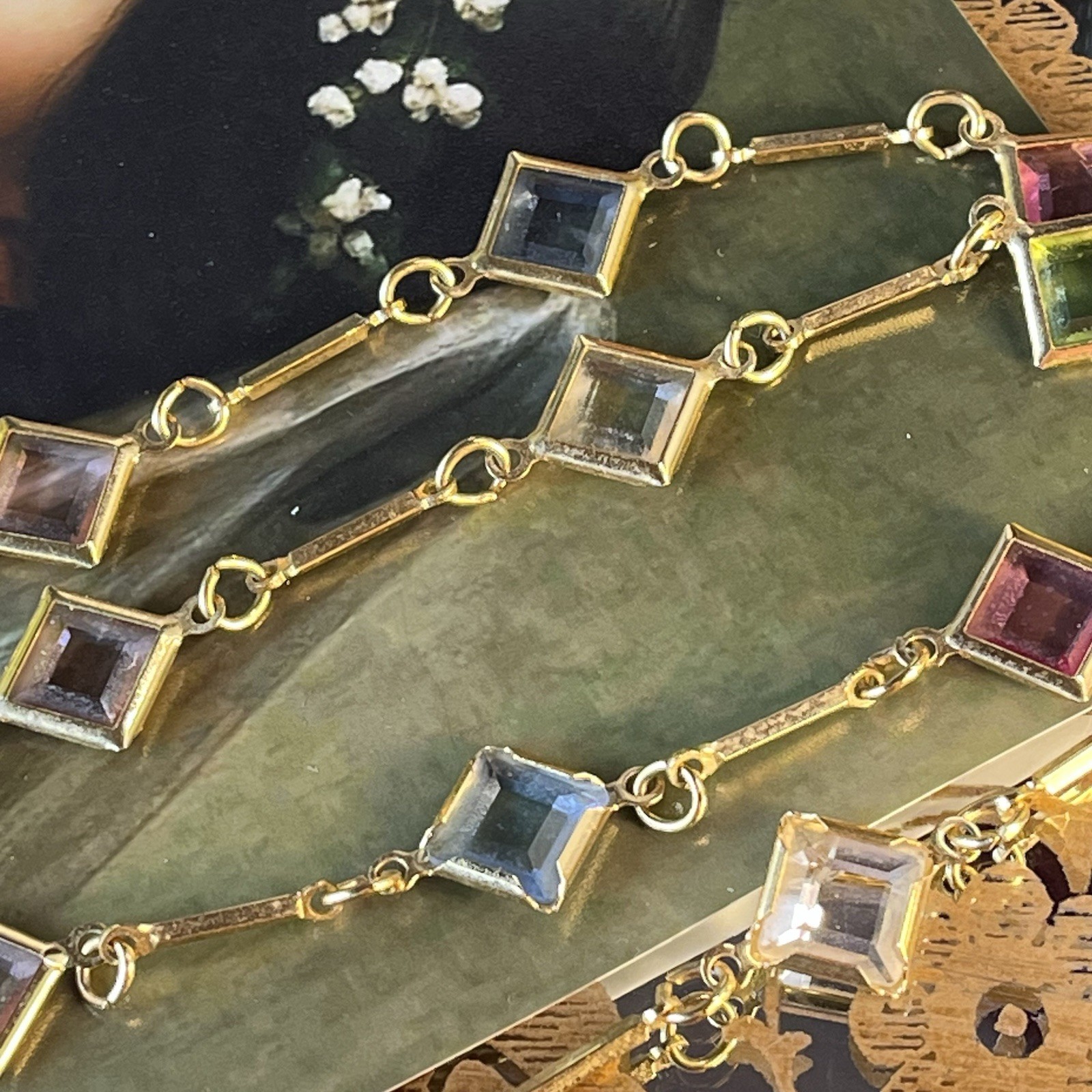 Vintage Pastel Glass Square Station Necklace – Bar Link Chain – Gold Tone – 30”