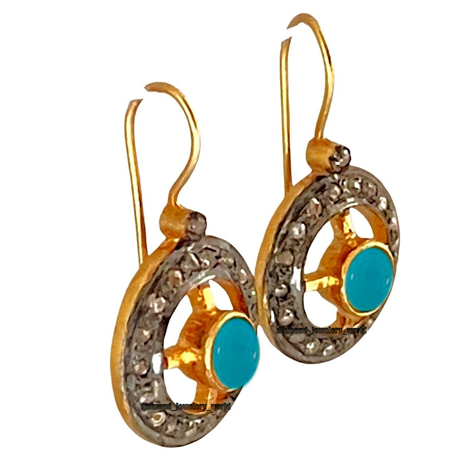 Gorgeous 1.05ctw Rose Cut Diamond Turquoise Silver Vintage Style Earring Jewelry