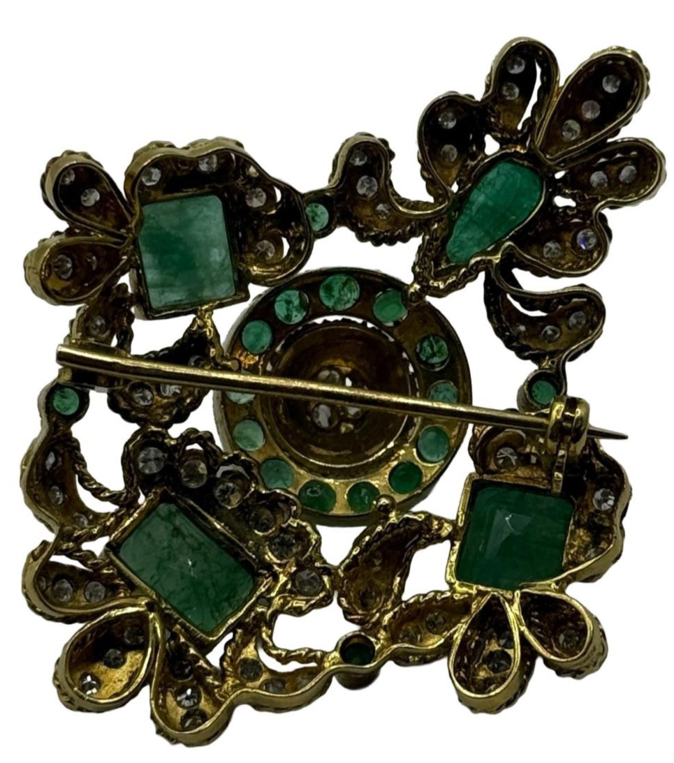 Estate Emerald & Diamond Brooch, 14K Yellow Gold, 3.70ctw Emeralds. Vintage