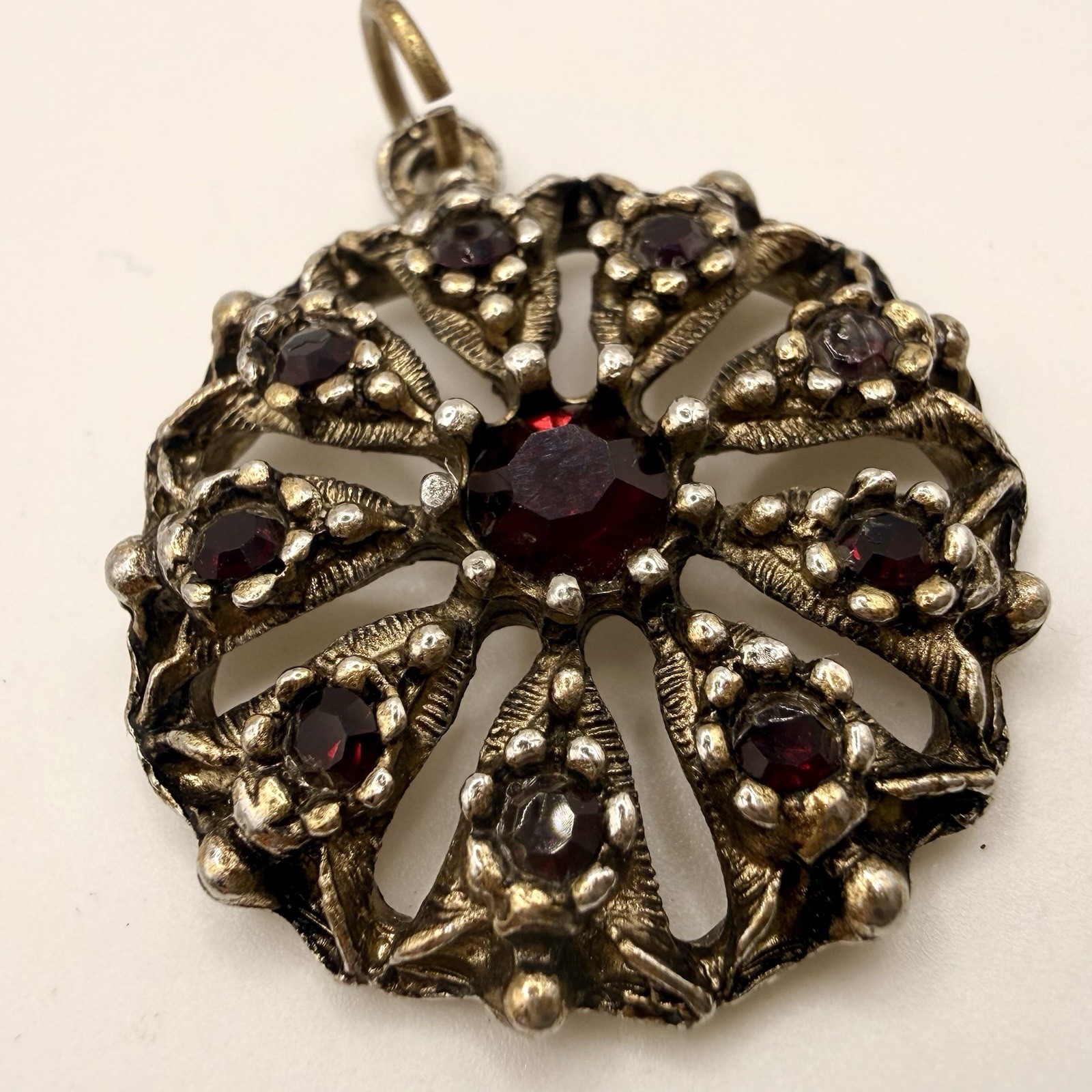 Vintage Red Glass Openwork Pendant Antiqued Gold Tone Gothic Boho Statement
