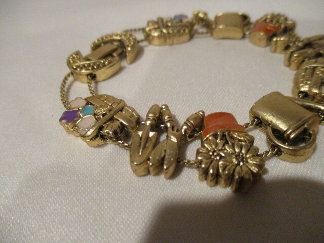 Vintage Brass & Enamel Gardening Slide Bracelet 7 1/4″ L x 3/4″ W