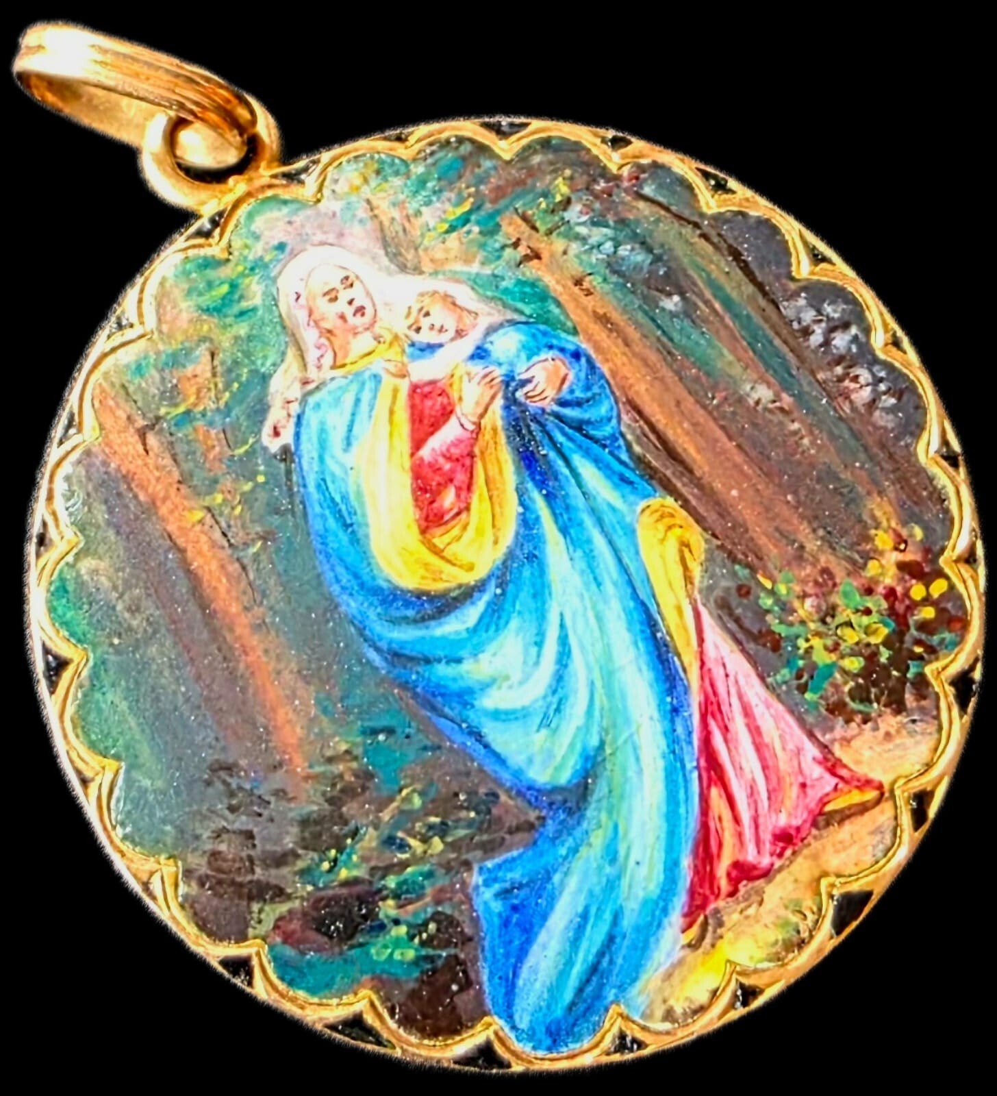 Fine Antique European Art Nouveau 18K Gold Enamel Madonna Medal Pendant Ca 1900