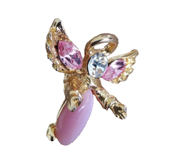 Guardian Angel Lapel Pin Hat Pink Rhinestone Cats Eye Cabochon Gold Tone w/ Halo